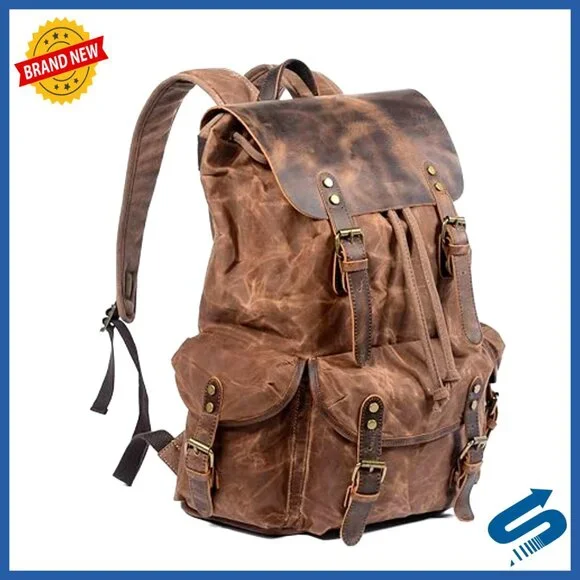 Leather Backpack Waxed Canvas Rucksack Travel Daypack Durable Heavy Duty